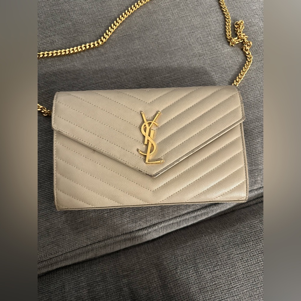 YSL chain wallet in sea salt, purchased in 2021 from Saks